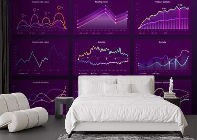 Abstract data charts. Statistic graphs, finance line chart and marketing histogram graph infographic. Financial holographic display, futuristic neon charts or infographic reports bars vector set Wall mural