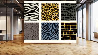 Animal patterns. Seamless print of wild fur skin leather, tiger leopard cheetah zebra giraffe python texture, zoo wildlife background. Vector texture set. Exotic striped and spotted design Wall mural