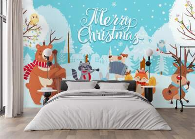 Animals celebrating christmas. Xmas cute card with happy animals musicians, winter forest with holiday decoration vector background. Bear and raccoon, fox and dog, hare, deer play musical instruments Wall mural