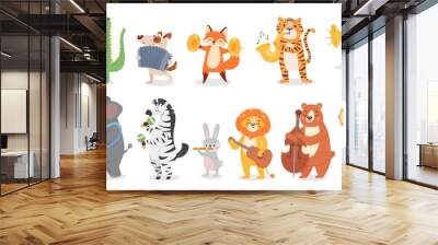 Animals play music. Cute animal playing music instruments, monkey plays trumpet and crocodile with saxophone vector illustration set. Cartoon animal play music, design drum instrument Wall mural