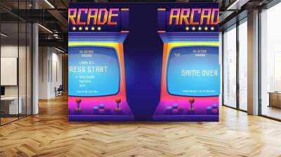 Arcade game screen. 80s retro start play and game over interface screen, vintage 1990s video gaming machine. Vector console monitor Wall mural