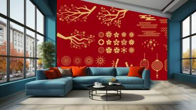 Asia elements. Chinese festive decor gold floral patterns and ornament, lanterns, clouds and moon, flowers sakura branch oriental vector set. Japanese decoration symbols as bamboo and branches Wall mural