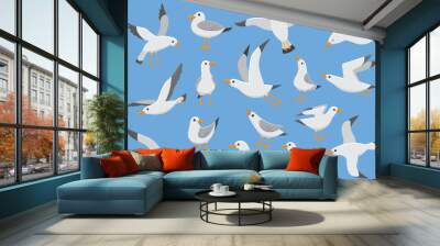 atlantic white seabird fly at sky. beach seagull at quay. sea birds, gull cartoon vector illustratio Wall mural