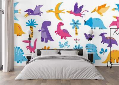 Baby dinosaur. Cute adorable little dragon character, childish Jurassic mascot cipart collection, funny kids toy dragon. Vector isolated set Wall mural