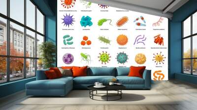 Bacteria and virus icons. Disease-causing bacterias, viruses and microbes. Color germs, bacterium types vector illustration set. Coronavirus and bacterium, pathogen hepatovirus and zika Wall mural