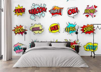 Bang, ouch shouts and yeah shouting text bubble with halftone pattern shadow. Pop art retro style shout speech bubbles vector set Wall mural