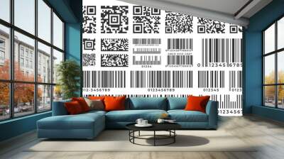 Barcodes. Scan bar label, qr code and industrial barcode. Product inventory badge, codes stripe sticker and package bars. Supermarket scanning barcode sign. Isolated vector icons set Wall mural