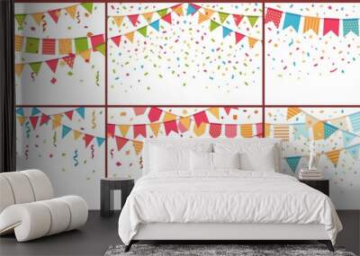 Birthday party bunting and confetti. Color paper streamers, confettis explosion and buntings flags. Festival celebration flag, decorative bunting. Isolated cartoon vector background set Wall mural