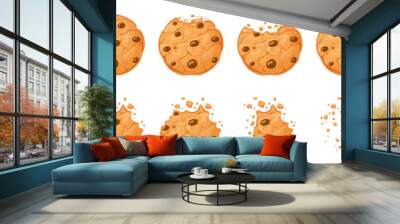 Bitten chocolate chip cookie. Crunch homemade brown biscuits broken with crumbs. Cartoon baked round choco cookies bite animation vector set. Illustration animation disappear choco crumb piece bakery Wall mural