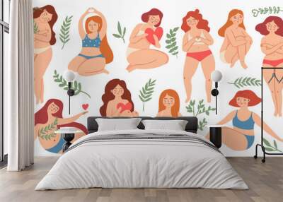 Body positive. Happy plus size beautiful women in swimsuit and underwear holding hearts and hugs knees. Female self care and love vector set Wall mural