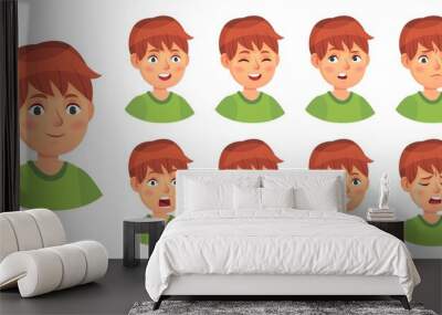 Boy emotions set, happy cry and angry. Illustration sad expression, smile character and kid fun, male surprise vector Wall mural