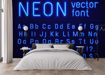 Bright glowing blue neon alphabet letters and numbers font. Nightlife entertainments, modern bars, casino illuminated vector signs Wall mural