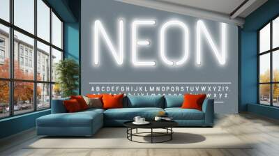 Bright glowing white neon sign characters. Vector font with glow light letters and numbers lamps Wall mural