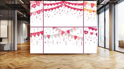 Bunting love hearts. Love garland, valentine party decoration heart flags with color confetti. Wedding celebration bunting, hearts flag banner. Cartoon isolated vector set Wall mural