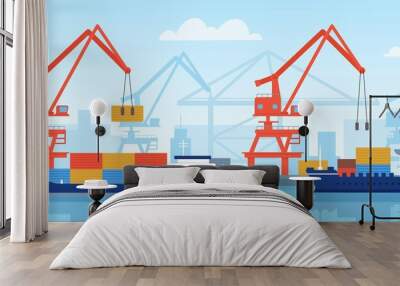 Cargo ship in port. Delivery maritime transport with containers loading in harbour with crane. Flat logistic or import by sea vector concept Wall mural