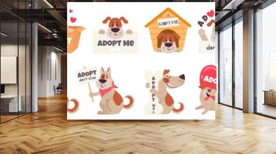 Cartoon adopt dog. Help homeless animals find home concept, sad dogs with text adopt me, dont shop, puppies adoption vector set. Pet in doghouse, cardboard box, holding signboard, heart. Wall mural