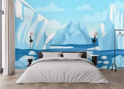 Cartoon arctic landscape. Icebergs, blue pure water glacier and icy cliff snow mountains. Greenland polar nature panoramic vector background. Winter scene with hills and melting ice Wall mural