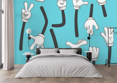 Cartoon arms. Doodle gloved pointing hands, different human point arm. Vintage vector illustration set Wall mural