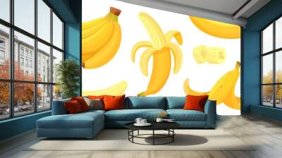 Cartoon bananas. Peel banana, yellow fruit and bunch of bananas isolated vector illustration set Wall mural