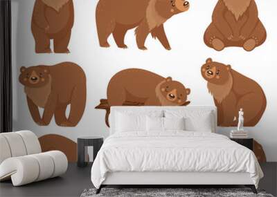 Cartoon brown bear. Grizzly bears, wild nature forest predator animals and sitting bear. Fur brown predator, wildlife bears mammal. Isolated vector illustration icons set Wall mural