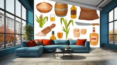 Cartoon brown sugar, rum bottles and sugarcane plant. Natural cane sugar industry. Granulated sweet product heap, spoon and sack vector set Wall mural