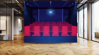 Cartoon cinema auditorium. Movie theater dark room with red seats and cinema projector glowing, scene background with concert hall interior. Vector illustration Wall mural