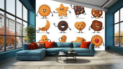 Cartoon cracker characters. Cute cookies with expressions, funny faces of sweet snack food with emotions and gestures. Vector set Wall mural