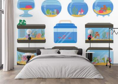 Cartoon empty glass aquarium tanks with decorations, sand and plants. Square and sphere fish bowls and container. Home aquariums vector set Wall mural