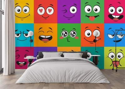 Cartoon face expressions. Happy surprised faces, doodle characters mouth and eyes. Face doodle or shy, love and kiss kawaii manga emotion. Emoticon comic avatar vector illustration set Wall mural