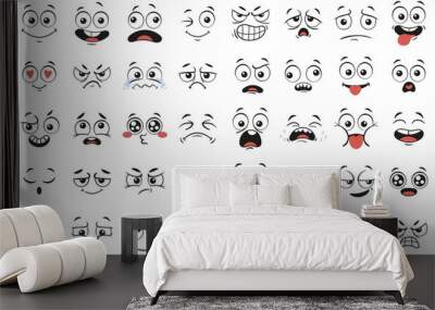 Cartoon faces. Expressive eyes and mouth, smiling, crying and surprised character face expressions. Caricature comic emotions or emoticon doodle. Isolated vector illustration icons set Wall mural