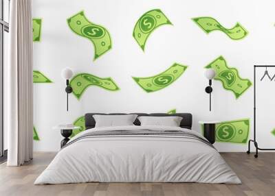 Cartoon falling money bills. Flying green dollar bill, 3d cash and usd currency. American money float banknotes, banking finance investment or jackpot win. Isolated vector symbols set Wall mural