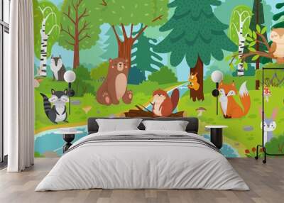 Cartoon forest animals. Wild bear, funny squirrel and cute birds on forests trees kids vector background illustration Wall mural