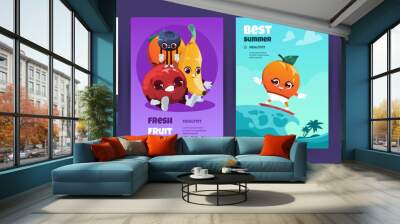 Cartoon fruit posters. Funny packaging cover with funny cheerful exotic fruit characters, organic nutrition advertising. Vector isolated banner set Wall mural