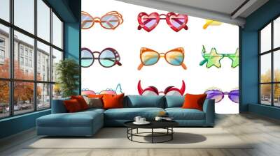 cartoon funny party sunglasses, eyewear for carnival costume. summer vacation festive heart shaped g Wall mural