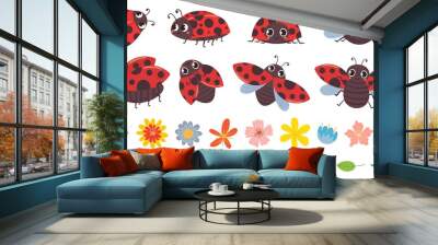 Cartoon ladybug. Cute ladybugs with flowers and leaves, red bug and insects vector illustration set. Funny lady bugs, flower buds and foliage pack. Dotted flying beetle stickers collection Wall mural