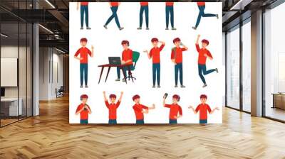 Cartoon male teenager character. Teenage boy in different poses and actions. Student man action poses, guy characters gesture or male person sign. Isolated vector illustration icons set Wall mural