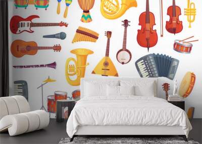 Cartoon musical instruments, guitars, bongo drums, cello, saxophone, microphone, drum kit isolated. Music instrument vector collection Wall mural