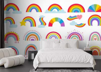 Cartoon rainbow. Colourful rainbows, heart and cloud with rainbow colors tail. Hand drawn color arc vector illustration set. Cartoon rainbow doodle, graphic colorful collection Wall mural