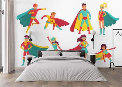 Cartoon superhero characters. Female and male flying superheroes with superpowers. Brave superman and superwoman isolated vector set Wall mural