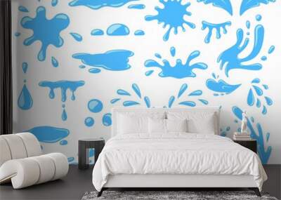 cartoon water splashes, falling rain drops, waves and spill. fresh aqua stream, puddles and splats.  Wall mural