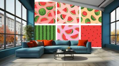 Cartoon watermelon seamless pattern, red texture with seeds. Tropic summer fruit slices and pieces. Watermelon green stripe print vector set Wall mural