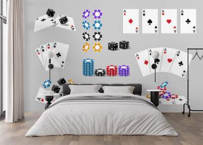 Casino cards and chips. Playing accessories for poker tournament flat cartoon style, gambling game coins dices in different angles. Vector isolated set Wall mural