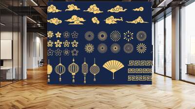 Chinese elements. Asian new year gold decorative patterns and lanterns, flowers, clouds and ornaments traditional oriental style vector set. Asian chinese oriental elements to holiday illustration Wall mural