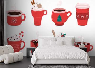 Christmas holiday coffee mug. Cocoa with marshmallows, winter warming drinks and hot espresso cup. Xmas hot chocolate mugs or winter cappuccino and latte cups. Isolated vector illustration icons set Wall mural