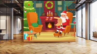 Christmas interior. Santa Claus winter holiday decorated living room with fireplace and xmas tree cartoon vector illustration Wall mural