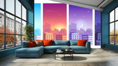 City landscape. Daytime cityscape sunrise, day, sunset and night city skyline, buildings in different time Wall mural