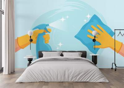 Cleaning surface. Hands in gloves clean with spray and wipe. Sanitizing home from virus and bacteria. Coronavirus prevention vector concept Wall mural