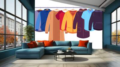 Clothes on hangers. Storage of men and women garments on hangers, apparel hanging on rack, wardrobe inner space flat vector concept. Jacket and coat hoodie and tshirt, pullover hanging Wall mural