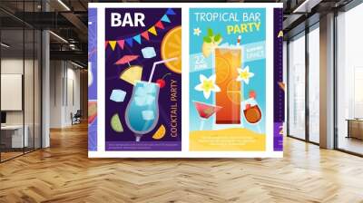 Cocktail summer party and tropical bar posters with drinks glasses. Alcoholic cocktails drinking event in night club invitation vector set Wall mural