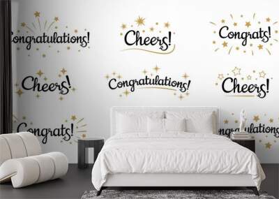 Congrats lettering. Congratulation text labels, cheers sign decorated with golden burst and stars and congratulations. Congratulate letter hand writing ink logo. Isolated vector signs set Wall mural